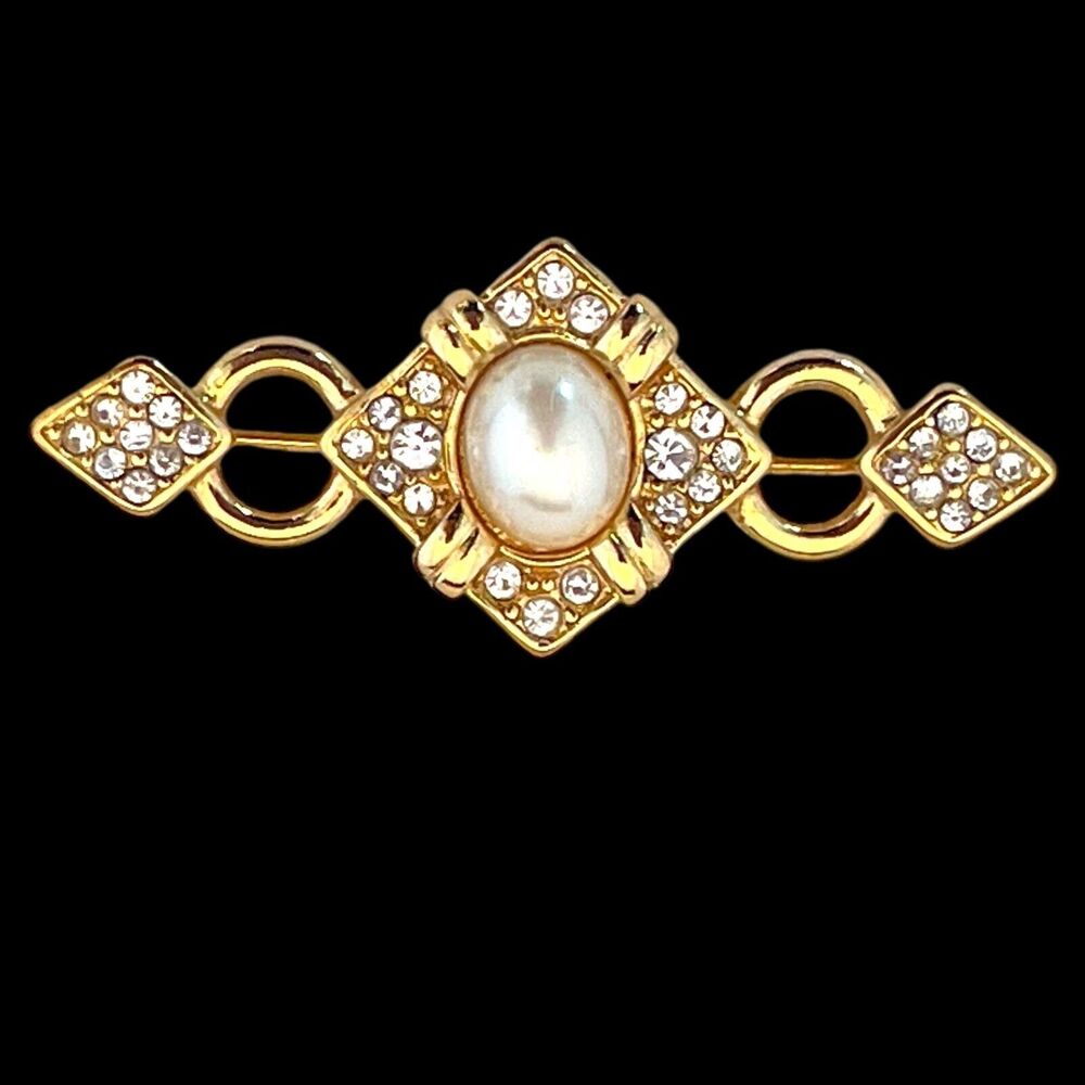 Vintage 1980s Monet Bar Brooch Simulated Pearl Rhinestone Gold Tone Pin - 9A